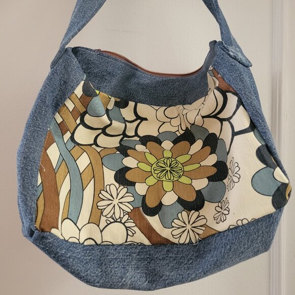OOAK Upcycled Denim & 70s Vintage Floral Crossbody Bag - Boho/Retro - Picture 2 of 9